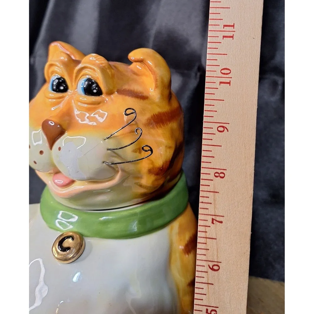 Vintage DCI Jim Orange 1990s Cat Ceramic Cookie Jar Green Collar Wire Whiskers